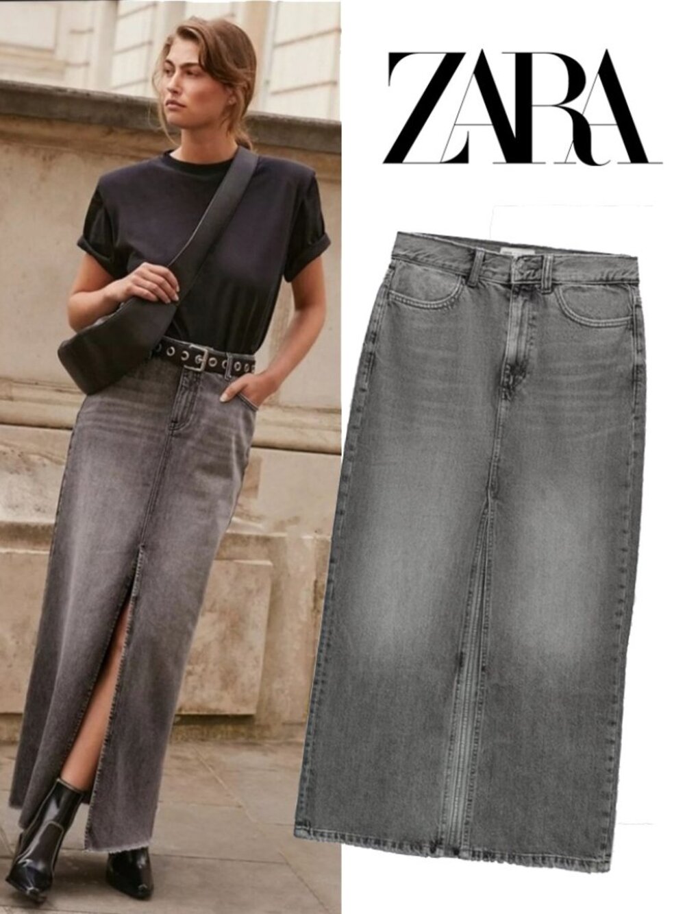 ZARA Z1975 Slit Front Gray Wash Denim Maxi Skirt Size S